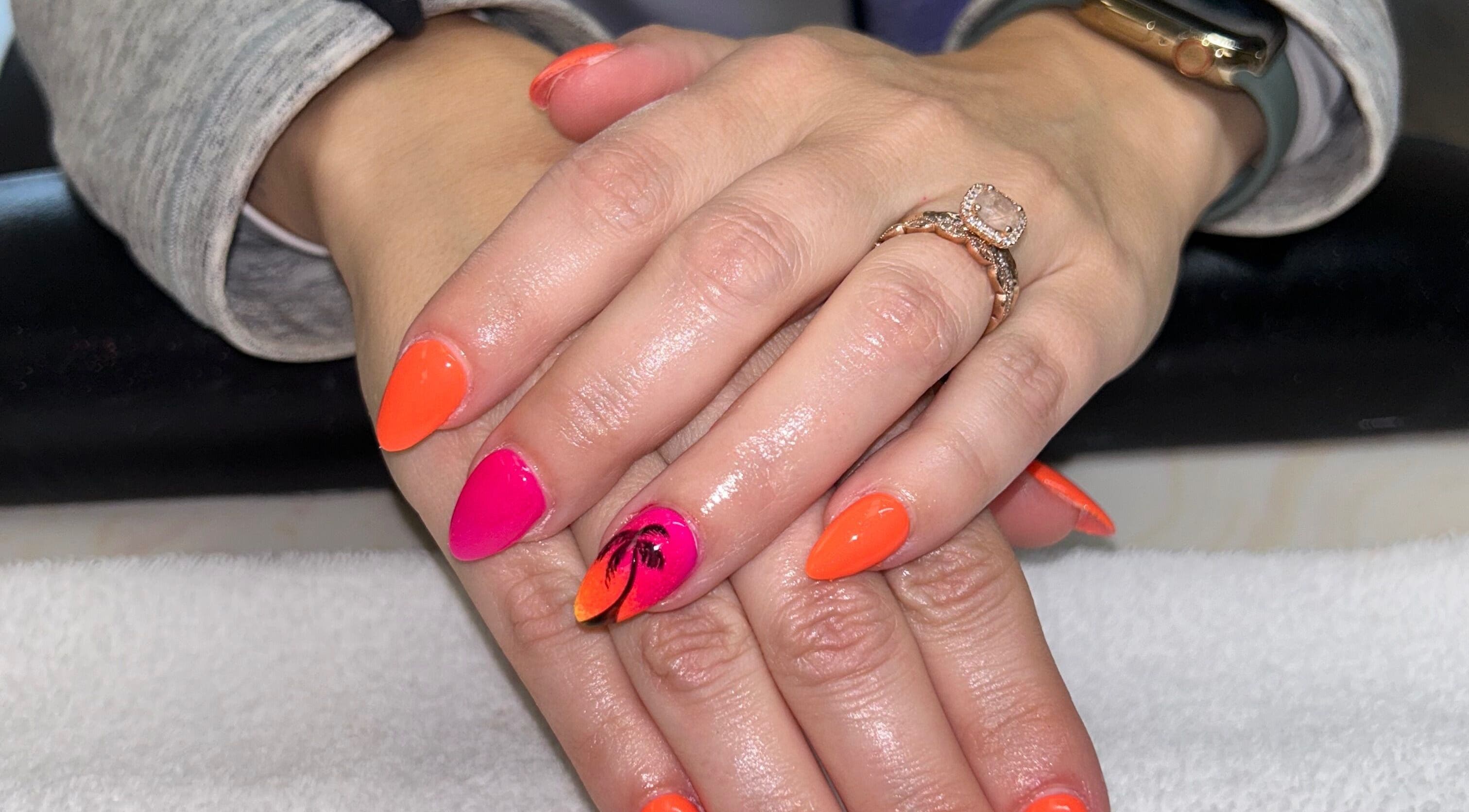 Vibrant manicure with palm design at The Lacquer Bar, Chatham, Ontario, CA.