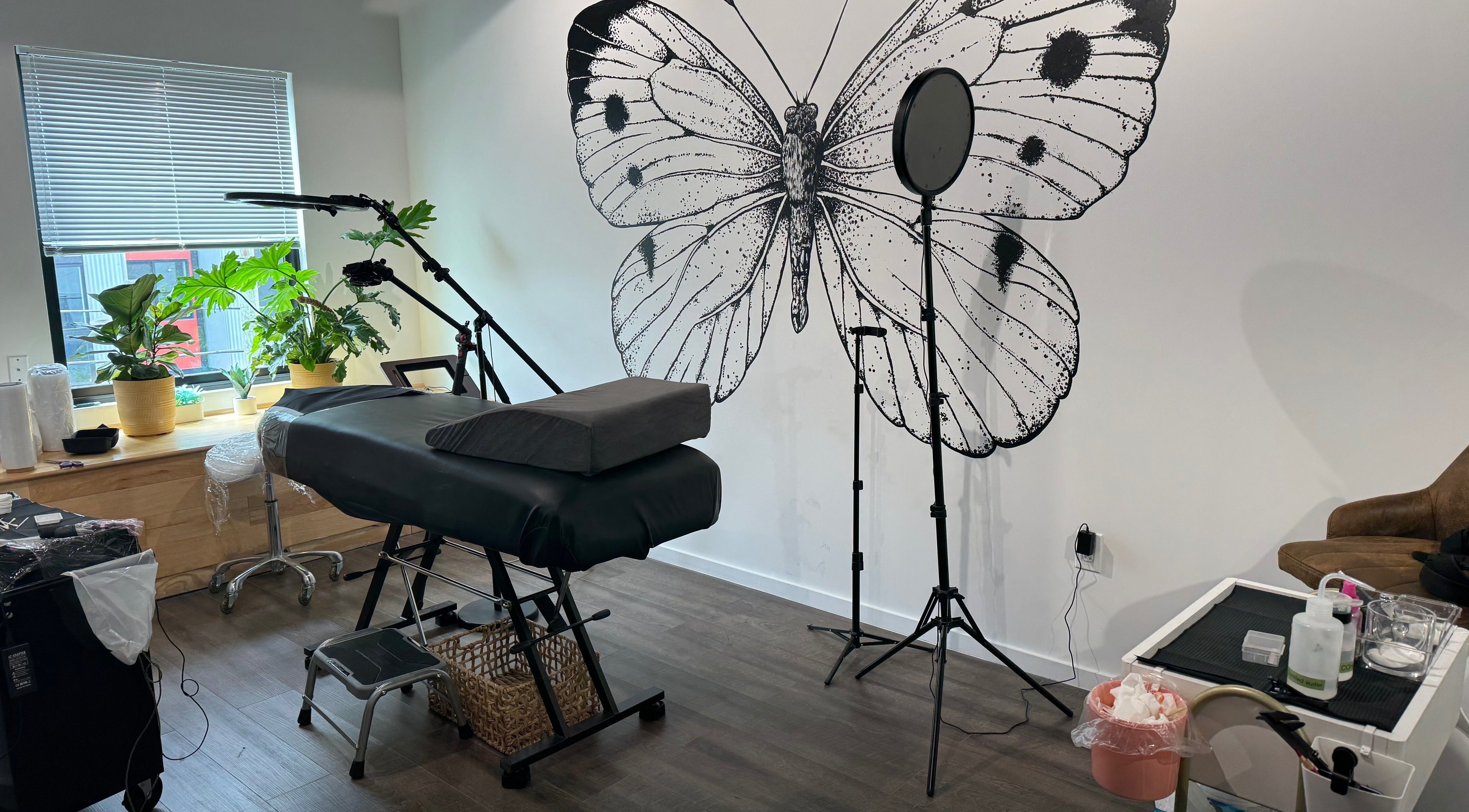 Nabi Studio interior with butterfly mural, massage table in Philadelphia, Pennsylvania, US.