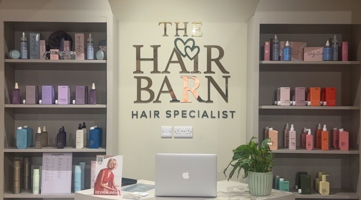 Hair by Katrina The Hair Barn product display in Hereford, England, GB with a variety of hair care products.