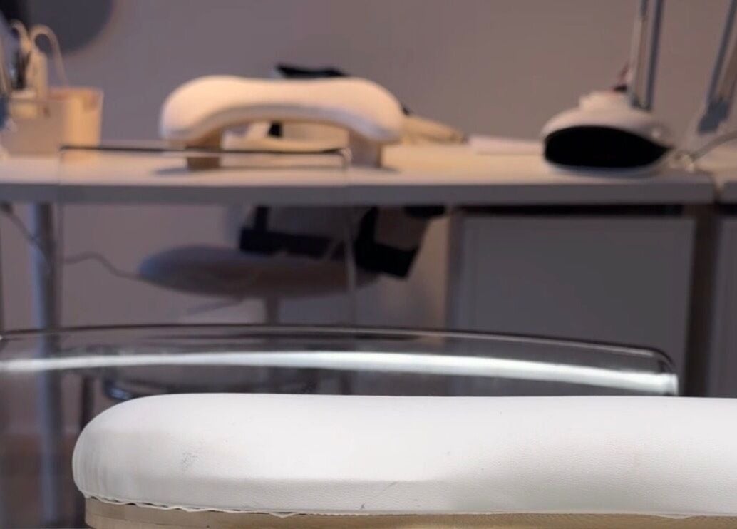 Modern manicure station at Ella Bish Nails, Glasgow, Scotland, GB, showcasing stylish equipment.