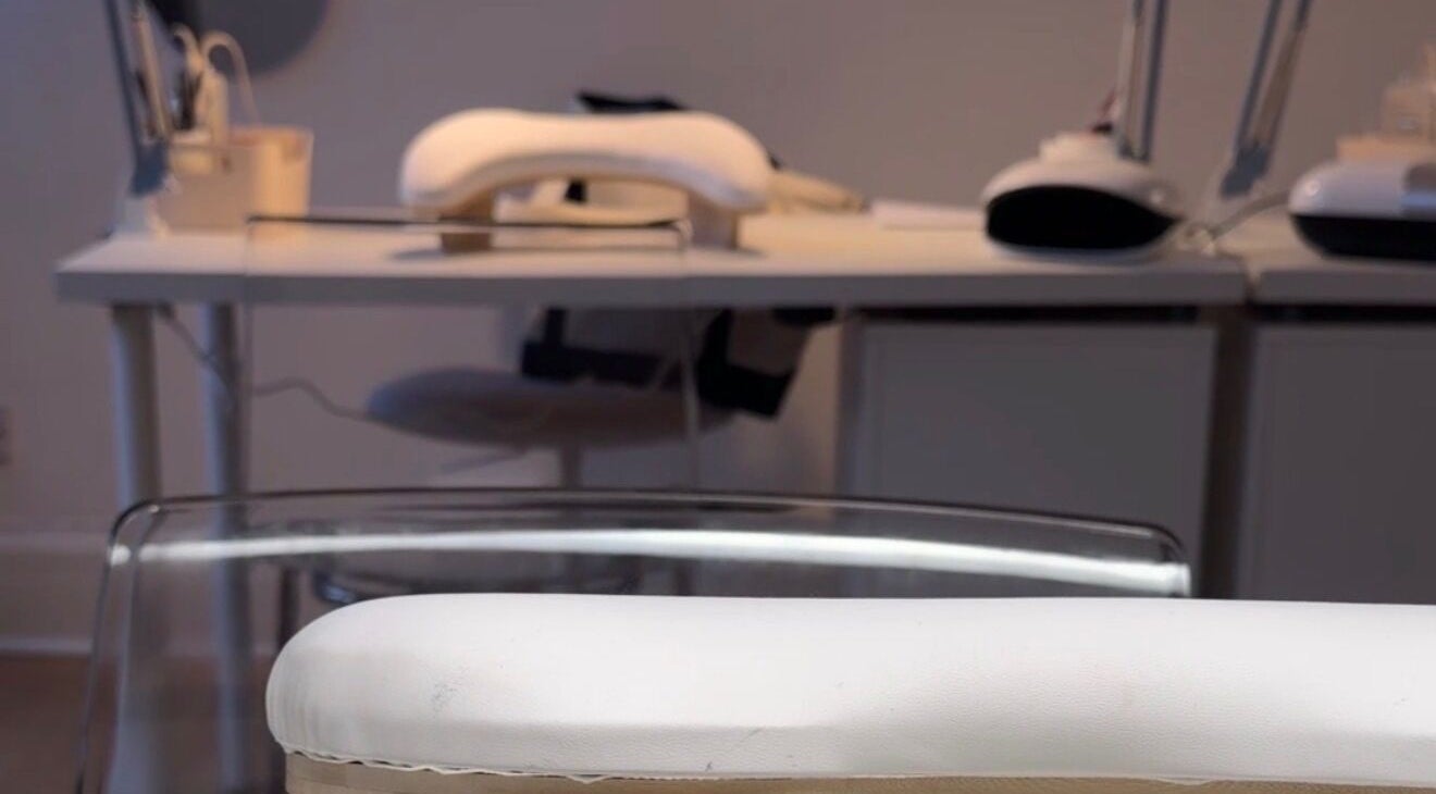 Modern manicure station at Ella Bish Nails, Glasgow, Scotland, GB, showcasing stylish equipment.