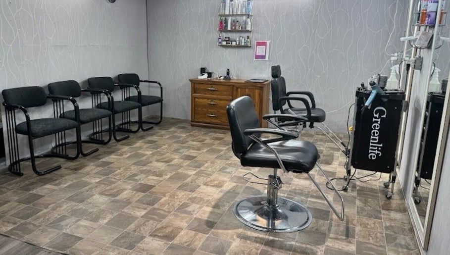 Interior of Shiren Hair & Beauty, Regina, Saskatchewan, CA with stylish chairs and beauty products.