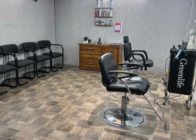 Interior of Shiren Hair & Beauty, Regina, Saskatchewan, CA with stylish chairs and beauty products.