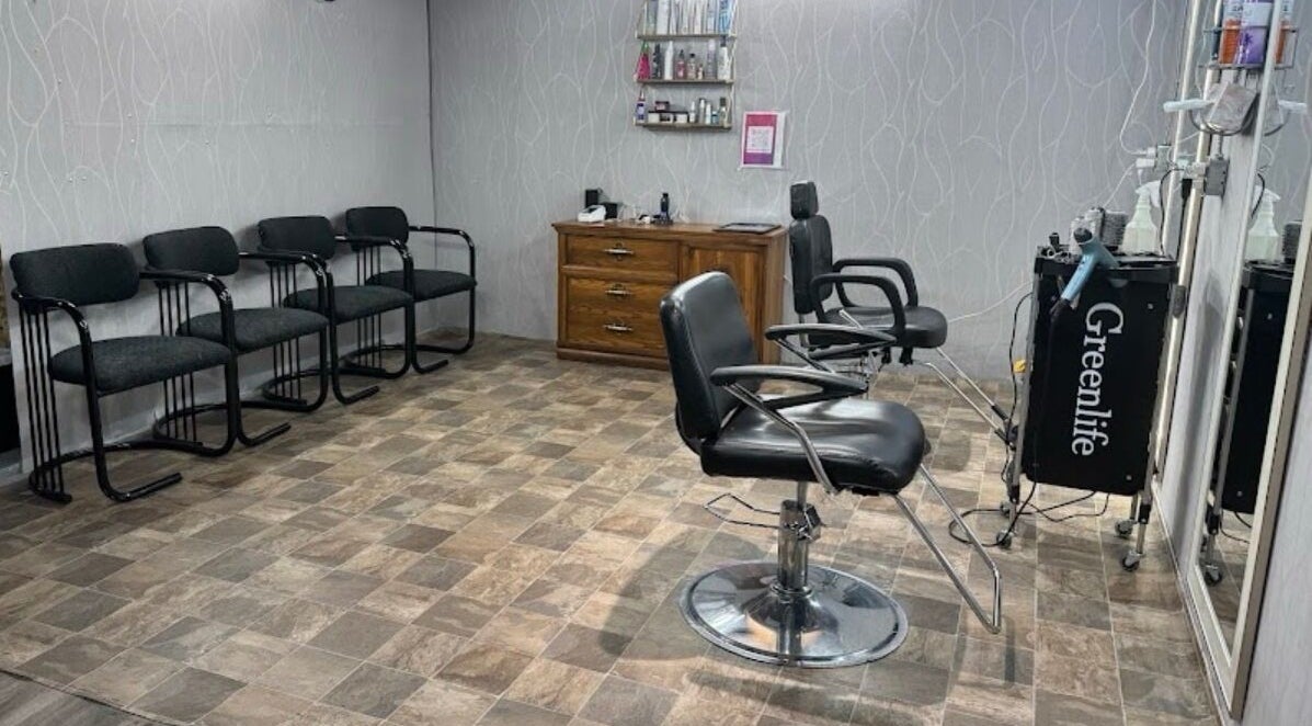 Interior of Shiren Hair & Beauty, Regina, Saskatchewan, CA with stylish chairs and beauty products.