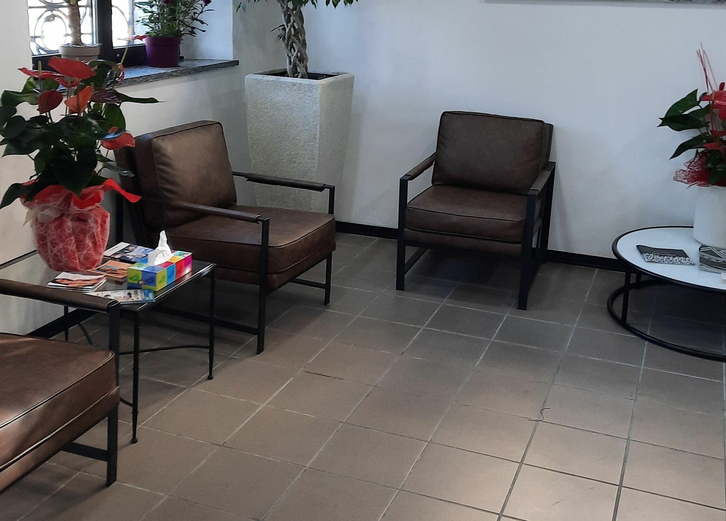 Area attesa con poltrone e piante presso VINCENT.H Haircare Factory, Cremona, Lombardia, IT.