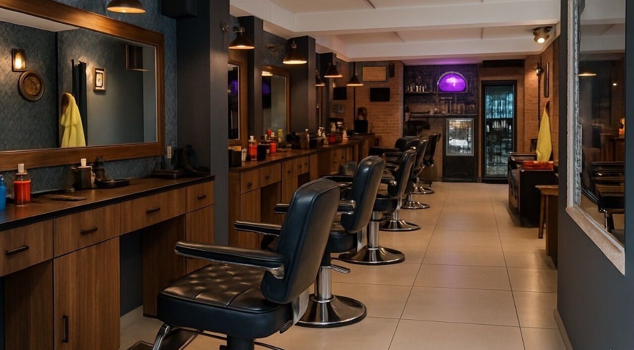 Interior moderno de Barberia Full HD en Bogotá, CUNDINAMARCA, CO, con sillas y espejo amplio.