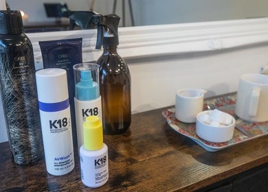 Professional hair products and refreshments at Miles Rhodes Hair Stylist, Bath, England, GB.