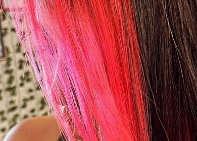 Vibrant pink and brown hair transformation at Hair Care Center, Burbank, California, US.