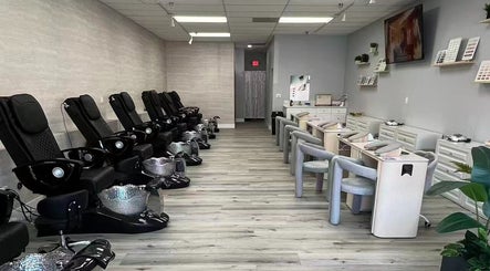 Y2 Nail Salon interior with luxurious pedicure chairs and manicure stations in Ontario, California, US.