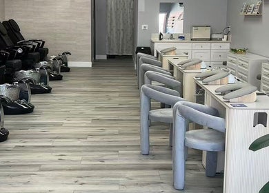 Interior of Y2 Nail Salon showing modern nail and pedicure stations in Ontario, California, US.