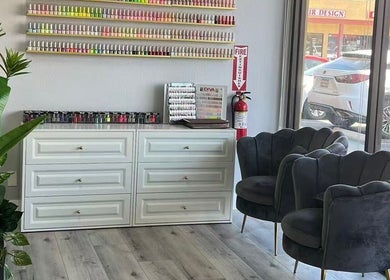 Modern seating and nail polish display at Y2 Nail Salon, Ontario, California, US.