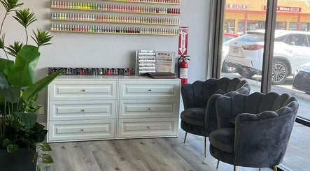 Modern seating and nail polish display at Y2 Nail Salon, Ontario, California, US.