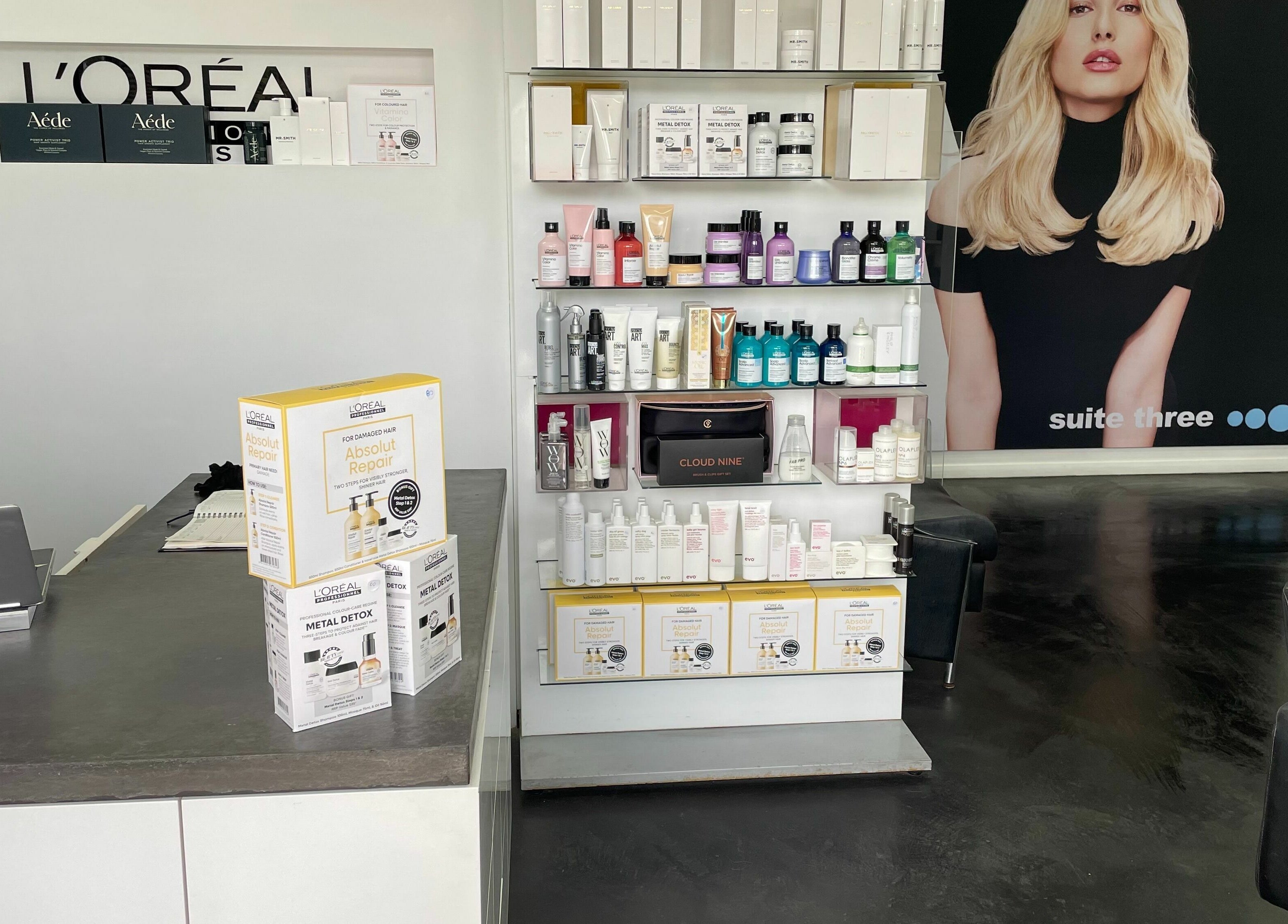 Modern beauty product display at Suite Three, Buderim, Queensland, AU featuring premium brands.