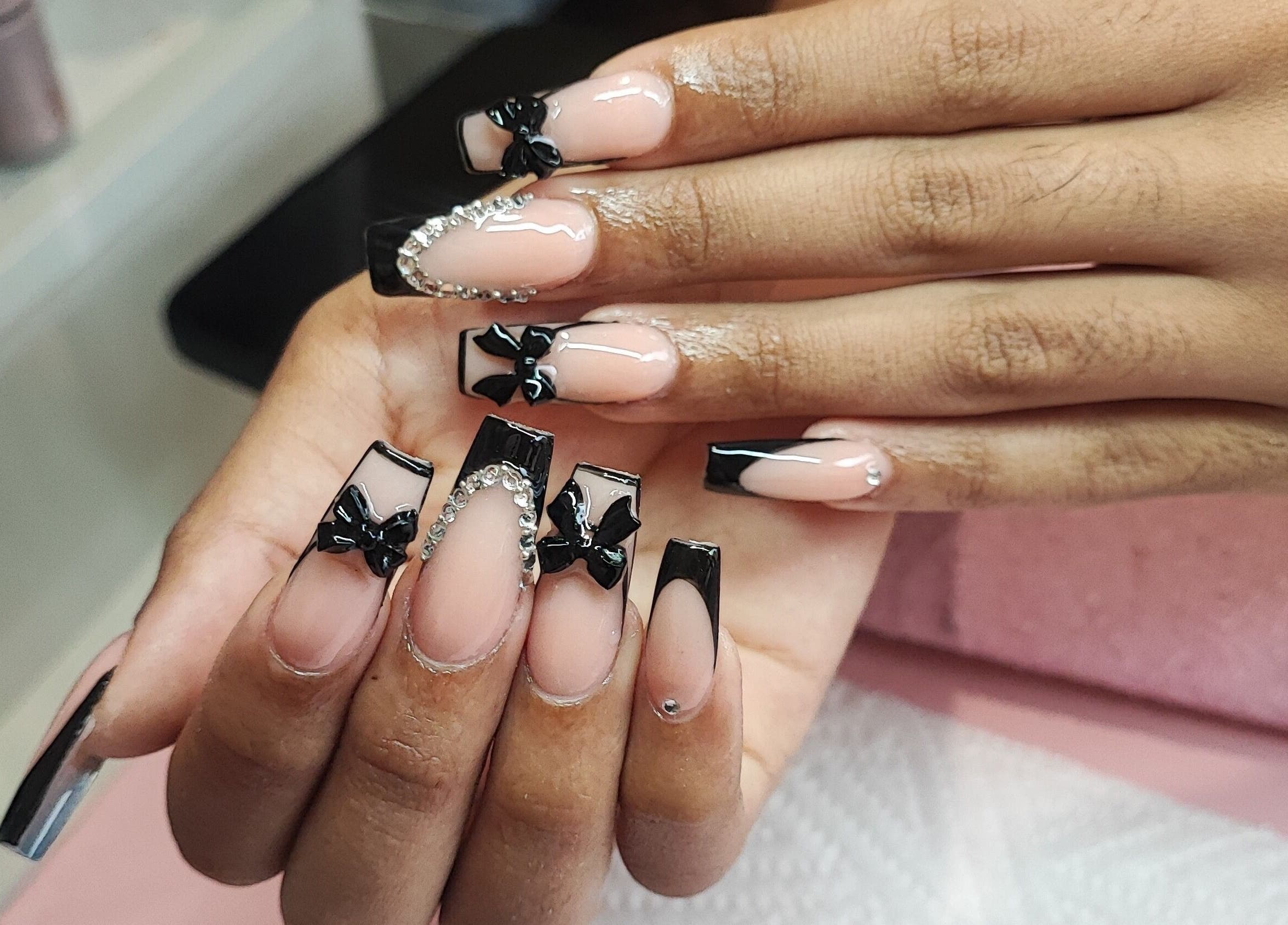 Stylish black and nude nail art at Micakayla's Nail Room, Ennerdale, Gauteng, ZA.