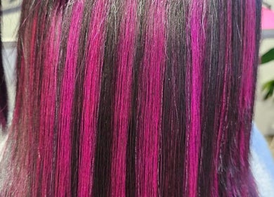 Vibrant pink hair stripes at Style and Smile Beauty Parlour, Hamilton, Waikato, NZ.