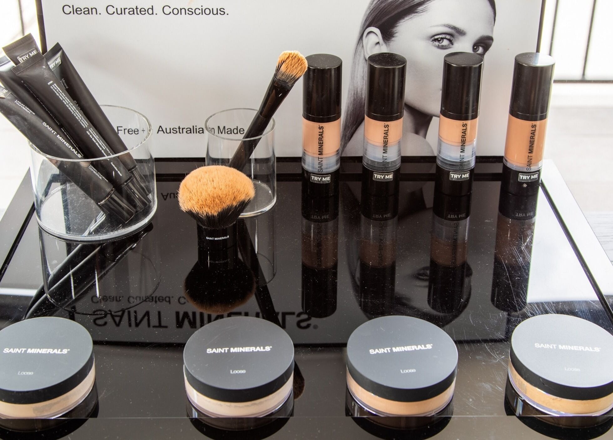Saint Minerals makeup display at Skin at Bardon, Bardon, Queensland, AU showcasing premium products.