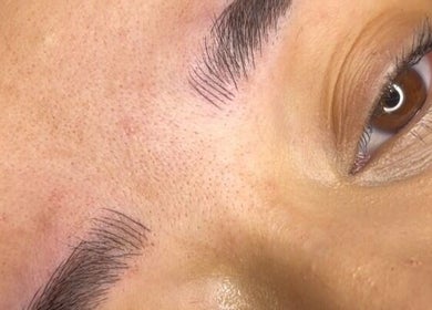 Close-up of perfectly shaped eyebrows at CarlyCosmeticTattoo, Manchester, England, GB.