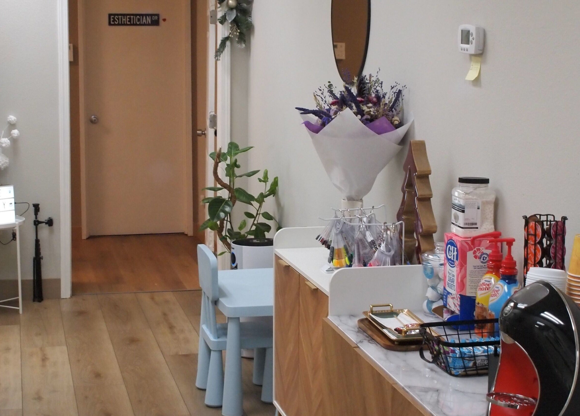 Welcoming interior of European Beauty in Everett, Washington, US with refreshments and decor.