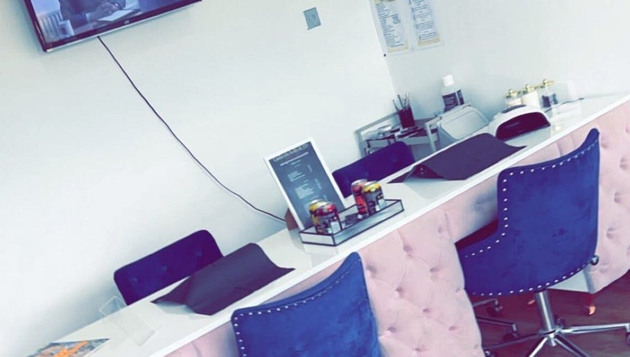 Modern beauty station at Lani’s Lashes in Sheffield, England, GB. Sleek design with plush seating and decor.