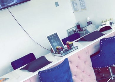 Modern beauty station at Lani’s Lashes in Sheffield, England, GB. Sleek design with plush seating and decor.