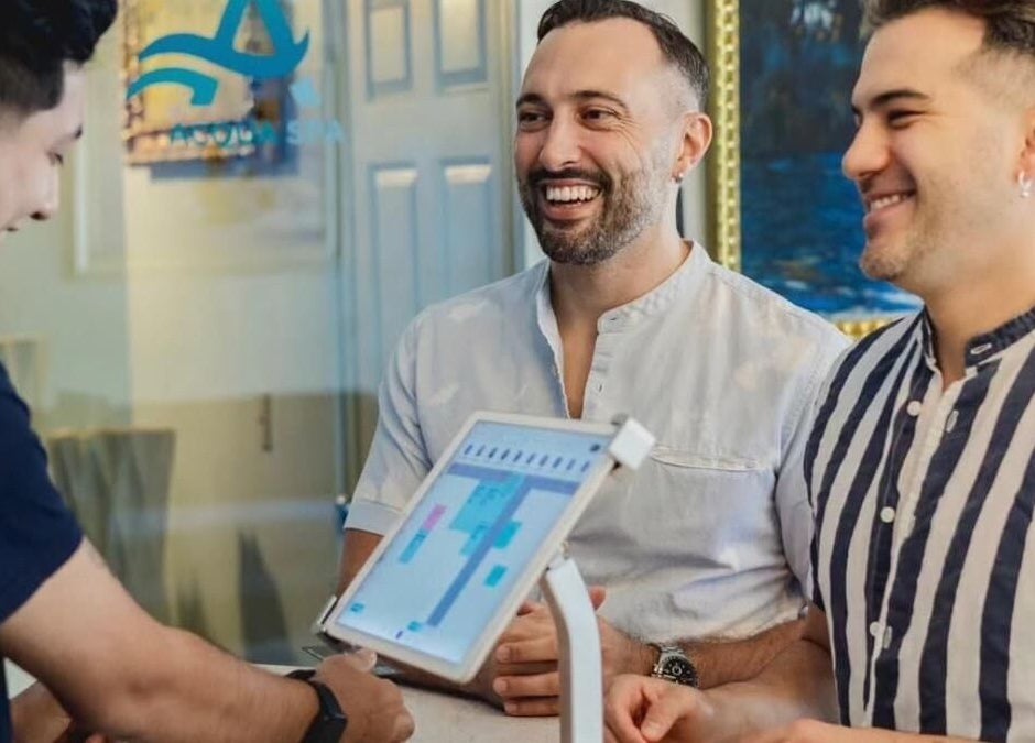 Guests warmly welcomed at Acqua Spa for Men, Puerto Vallarta, Jalisco, MX, reception.