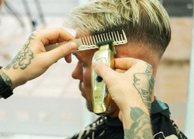 Professional haircut at Masters Barbershop, Brighton and Hove, England. Detailed side fade with precision.