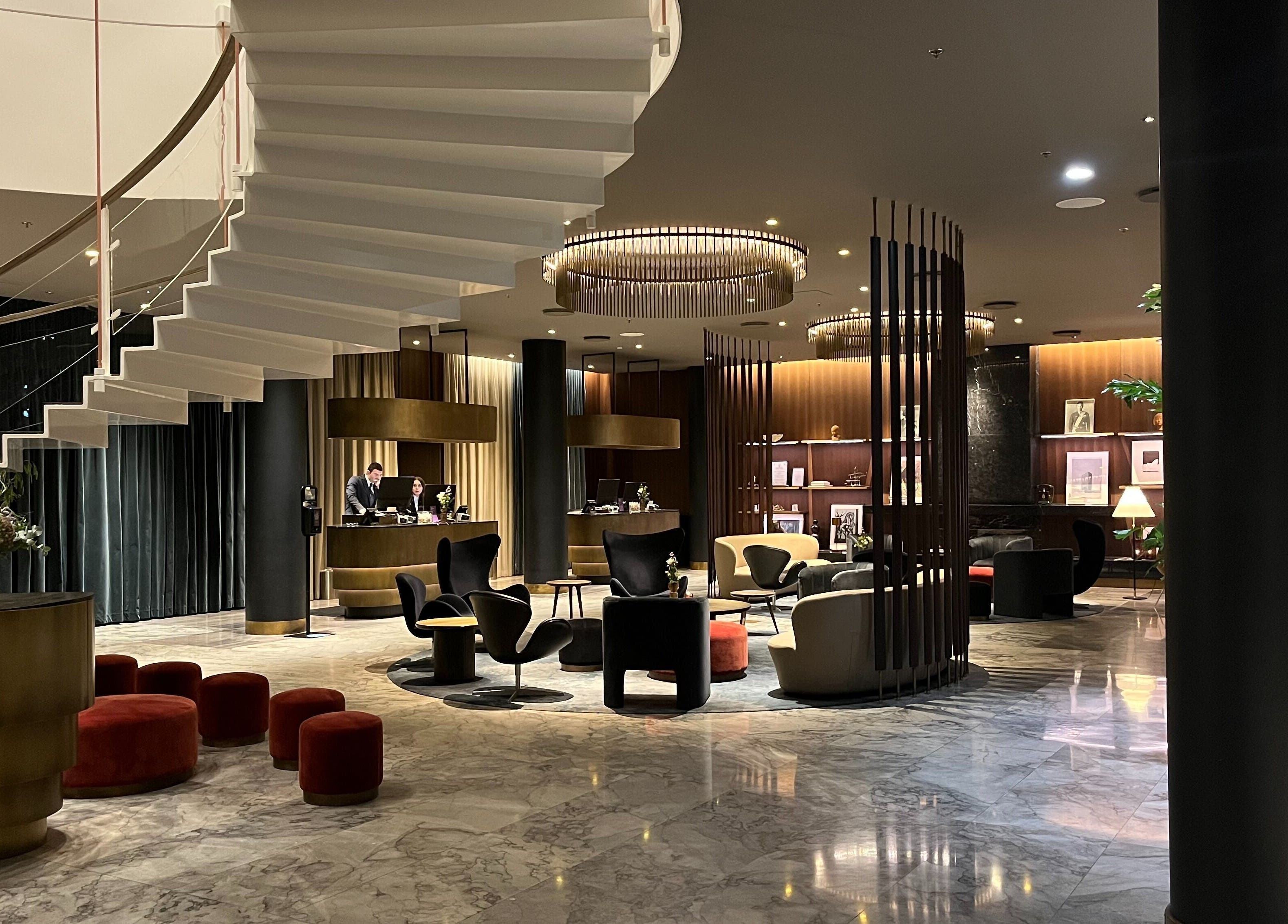 Sleek lobby of Radisson Collection Royal Hotel, Copenhagen in København, Denmark, DK with modern decor.