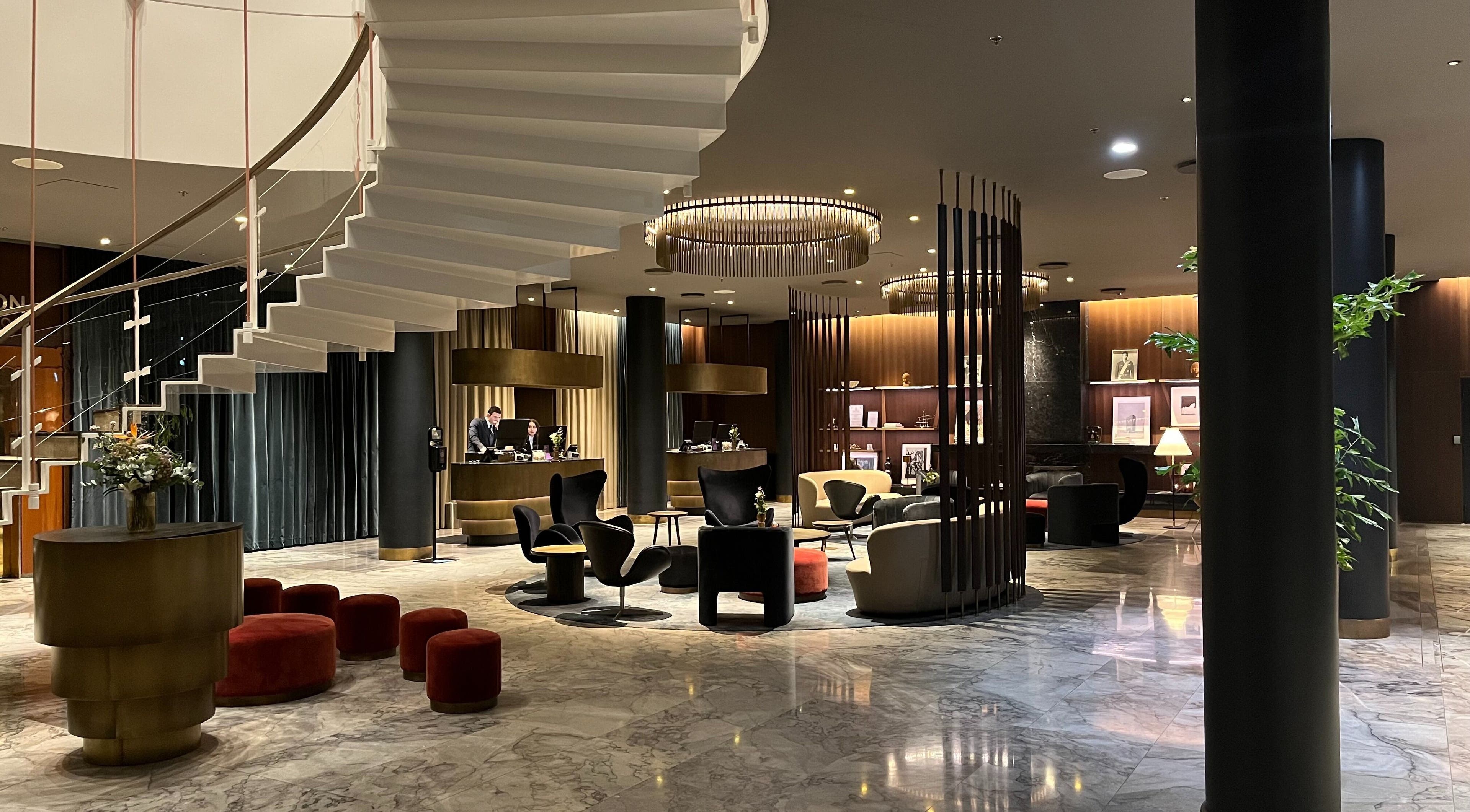 Sleek lobby of Radisson Collection Royal Hotel, Copenhagen in København, Denmark, DK with modern decor.