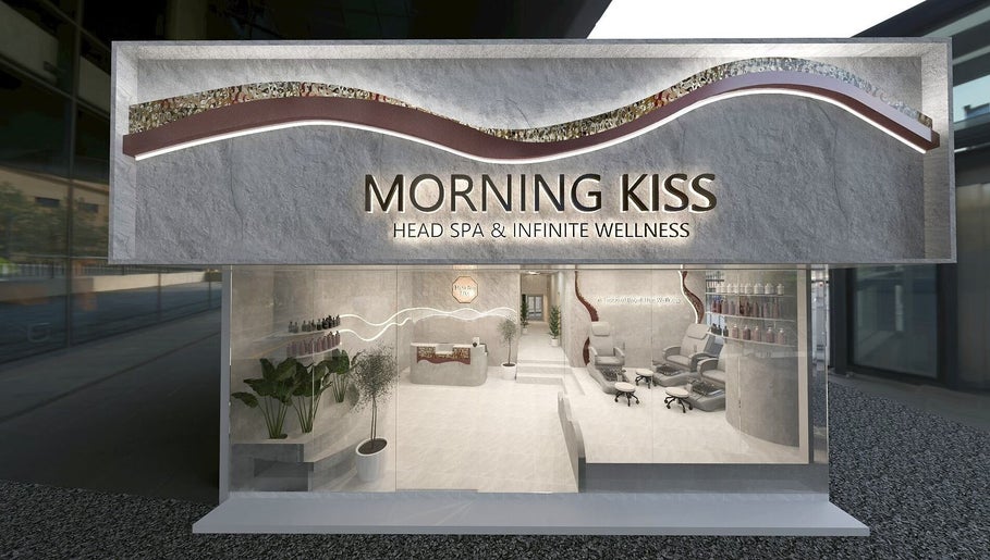 Exterior view of Morning Kiss Blissful Head Spa Nail Salon Manicure Onsen in Bangkok, TH, featuring elegant design.