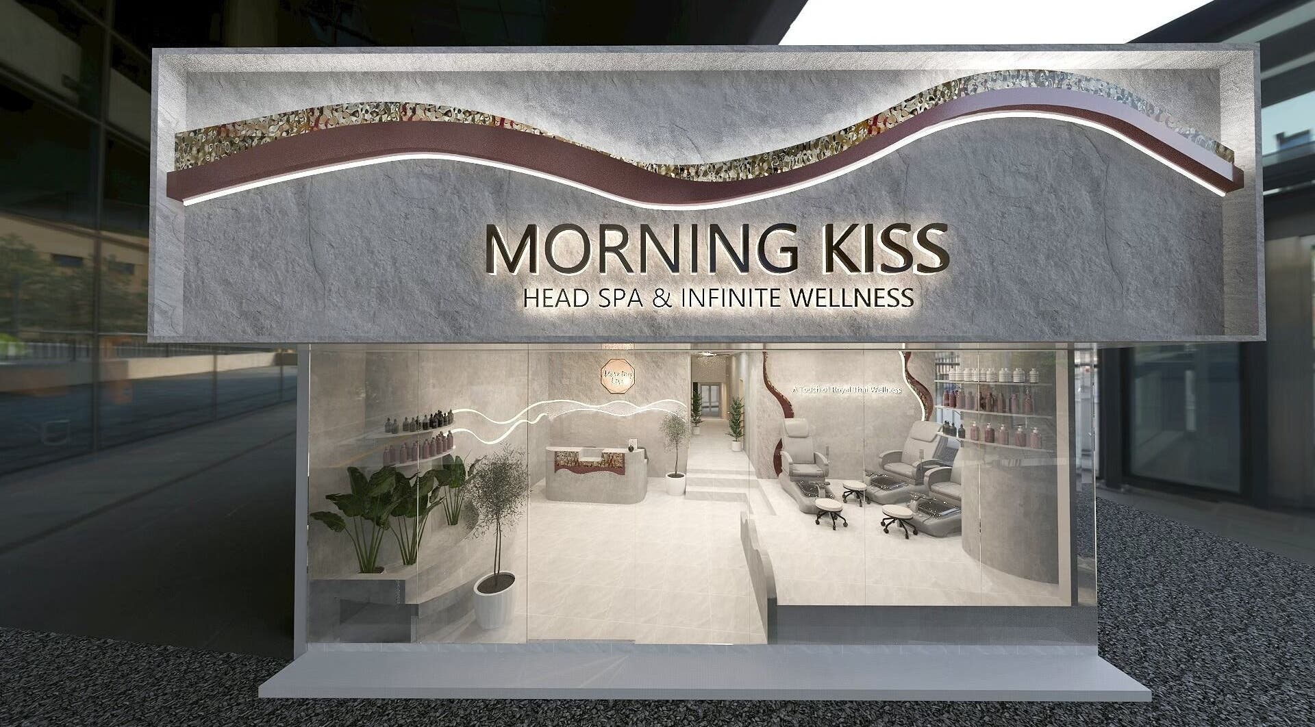 Exterior view of Morning Kiss Blissful Head Spa Nail Salon Manicure Onsen in Bangkok, TH, featuring elegant design.