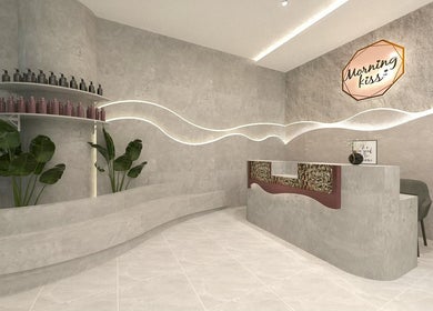 Reception area of Morning Kiss Blissful Head Spa Nail Salon Manicure Onsen in Bangkok, TH with modern decor.