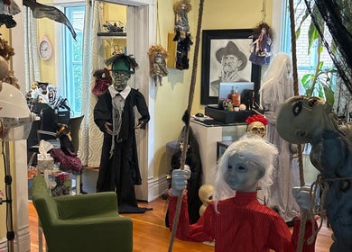 Eerie themed decor at Hot on Top Salon, Regina, Saskatchewan, CA showcasing unique and artistic style.
