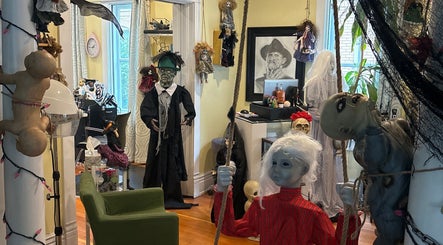 Eerie themed decor at Hot on Top Salon, Regina, Saskatchewan, CA showcasing unique and artistic style.