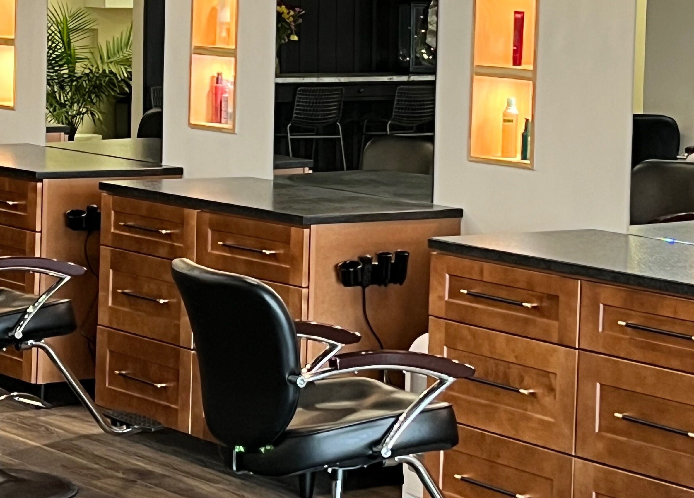 Elegant styling stations at Angie's Hair Salon Studio in Overland Park, Kansas, US.
