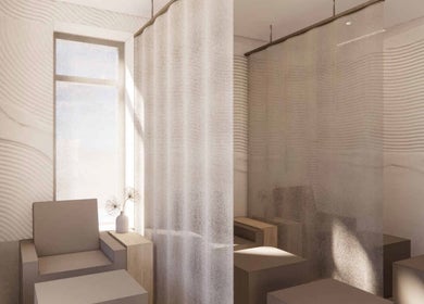 Tranquil seating area at Lux Beauty Bar • Hair Spa in Grimsby, Ontario, CA, with soft curtains and modern decor.