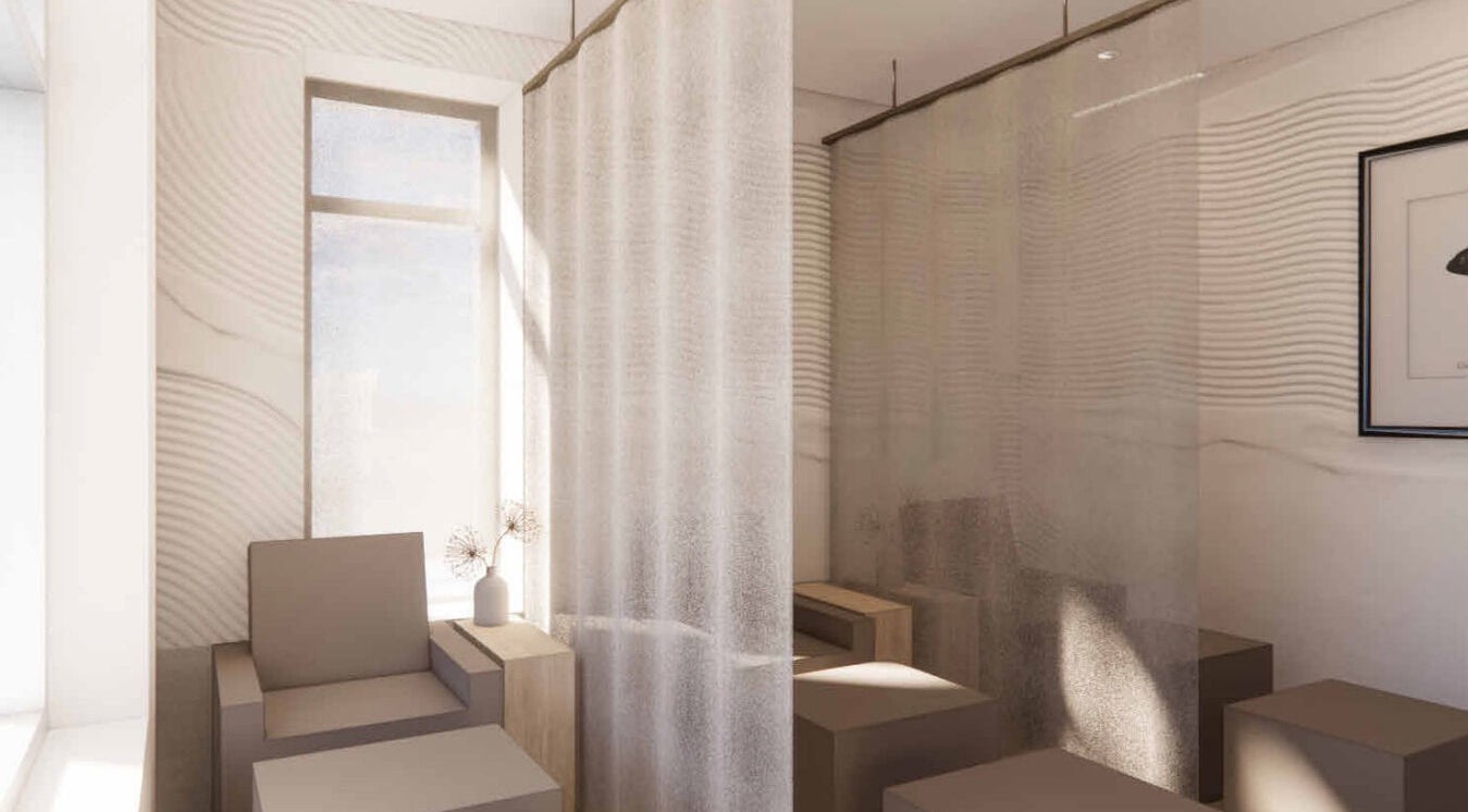 Tranquil seating area at Lux Beauty Bar • Hair Spa in Grimsby, Ontario, CA, with soft curtains and modern decor.