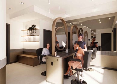 Lux Beauty Bar • Hair Spa interior with stylists in Grimsby, Ontario, CA. Modern salon design.