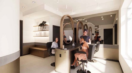Lux Beauty Bar • Hair Spa interior with stylists in Grimsby, Ontario, CA. Modern salon design.