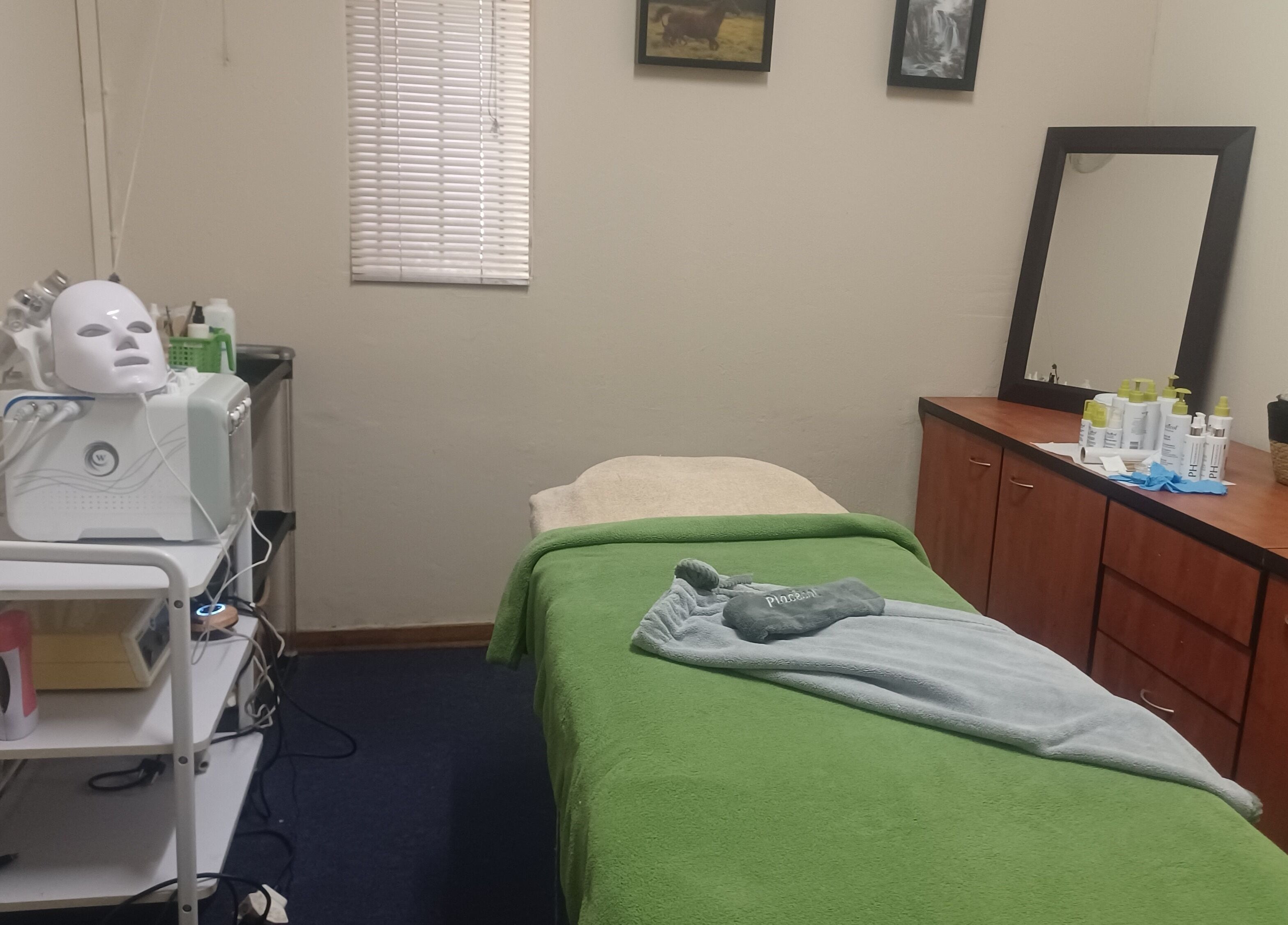 Cozy treatment room at Zader Beauty Bar, Johannesburg, Gauteng, ZA with a facial bed and skincare products.