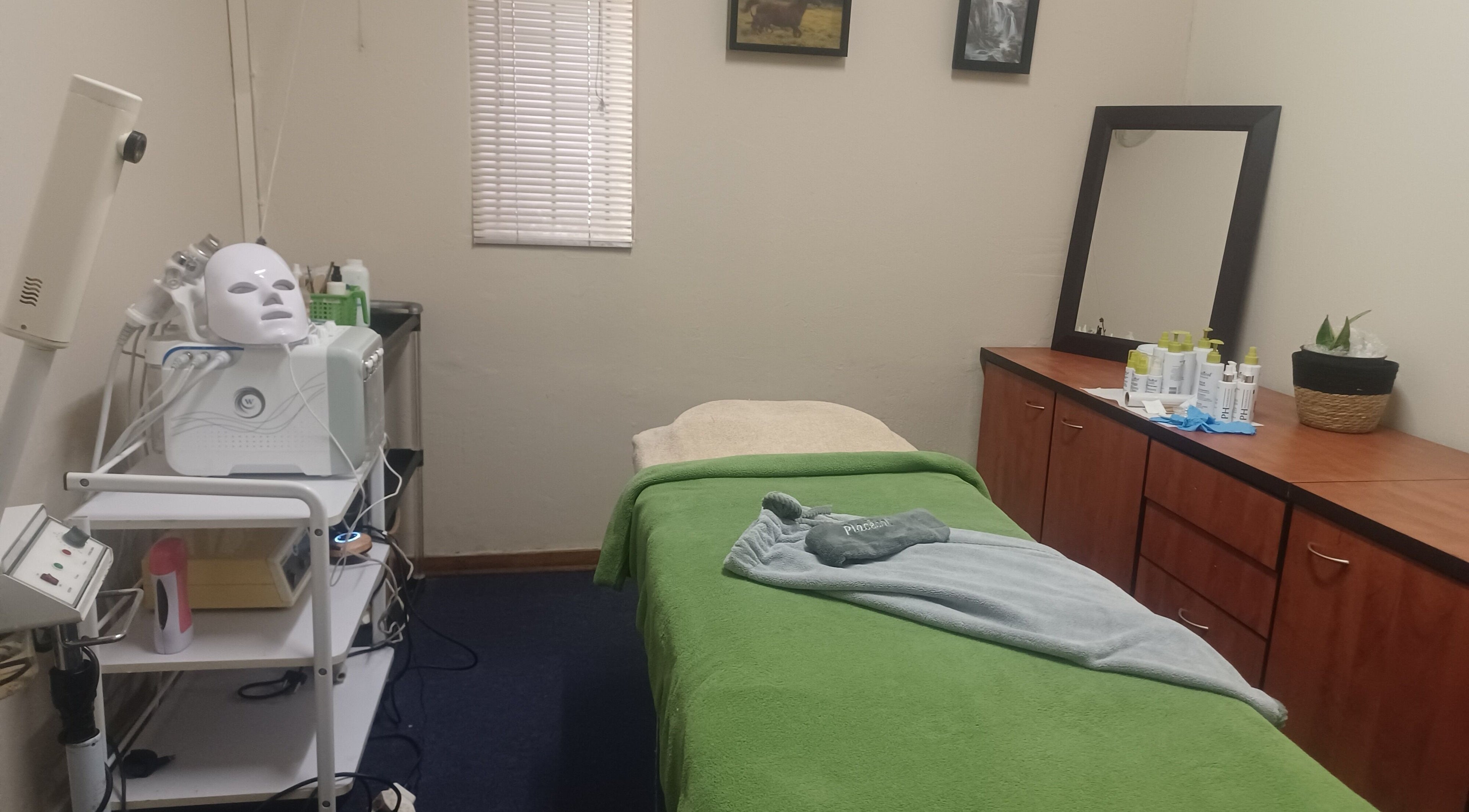 Cozy treatment room at Zader Beauty Bar, Johannesburg, Gauteng, ZA with a facial bed and skincare products.