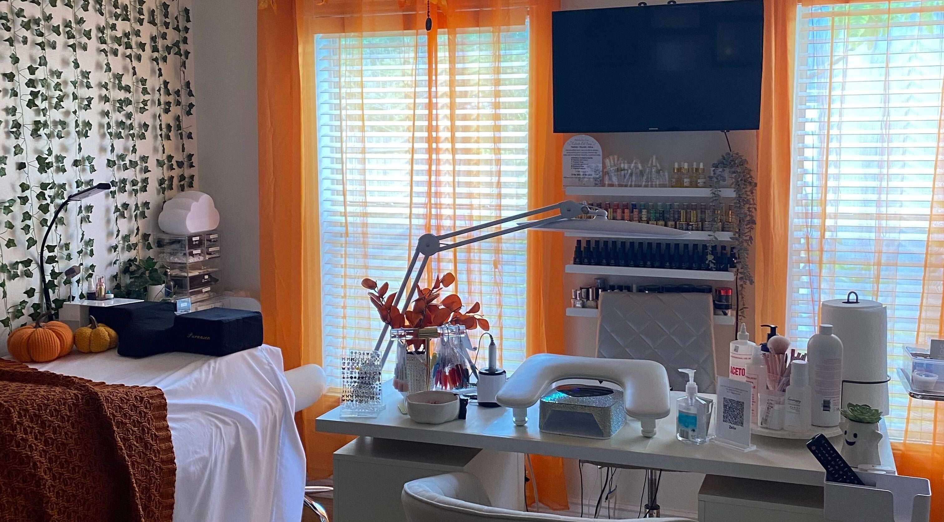 Polishedbycass nail station with chic decor and tools in Ocoee, Florida, US.