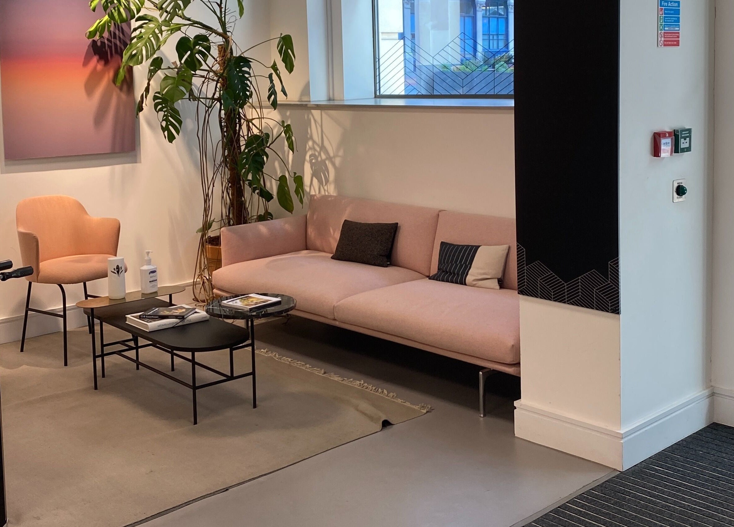 Modern lounge with pink sofa and plants at Blink PN Lash, London, England, GB.