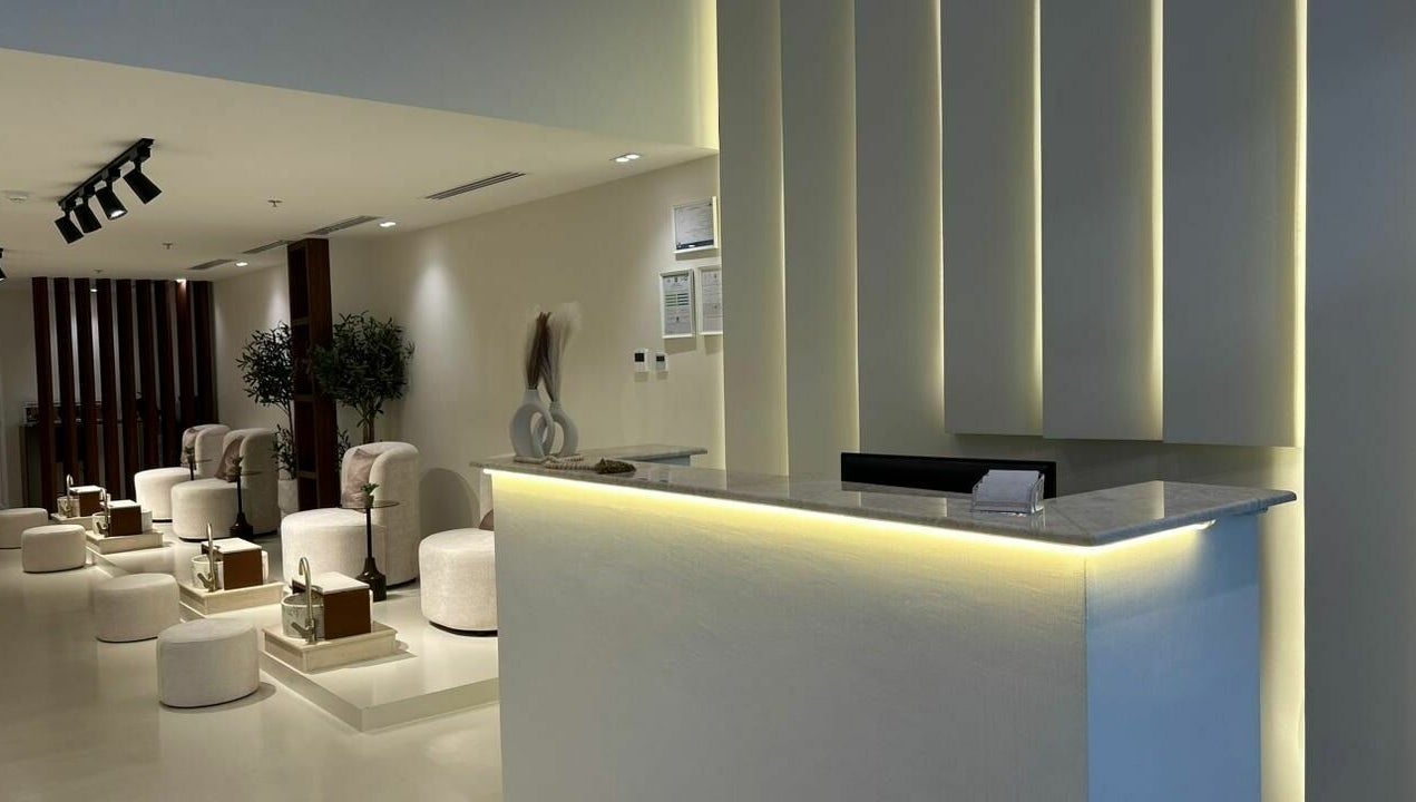 Modern reception and seating area at Noor Beauty Salon, Dammam, Eastern Province, SA.