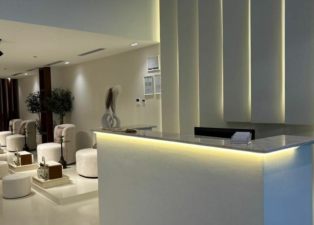 Modern reception and seating area at Noor Beauty Salon, Dammam, Eastern Province, SA.