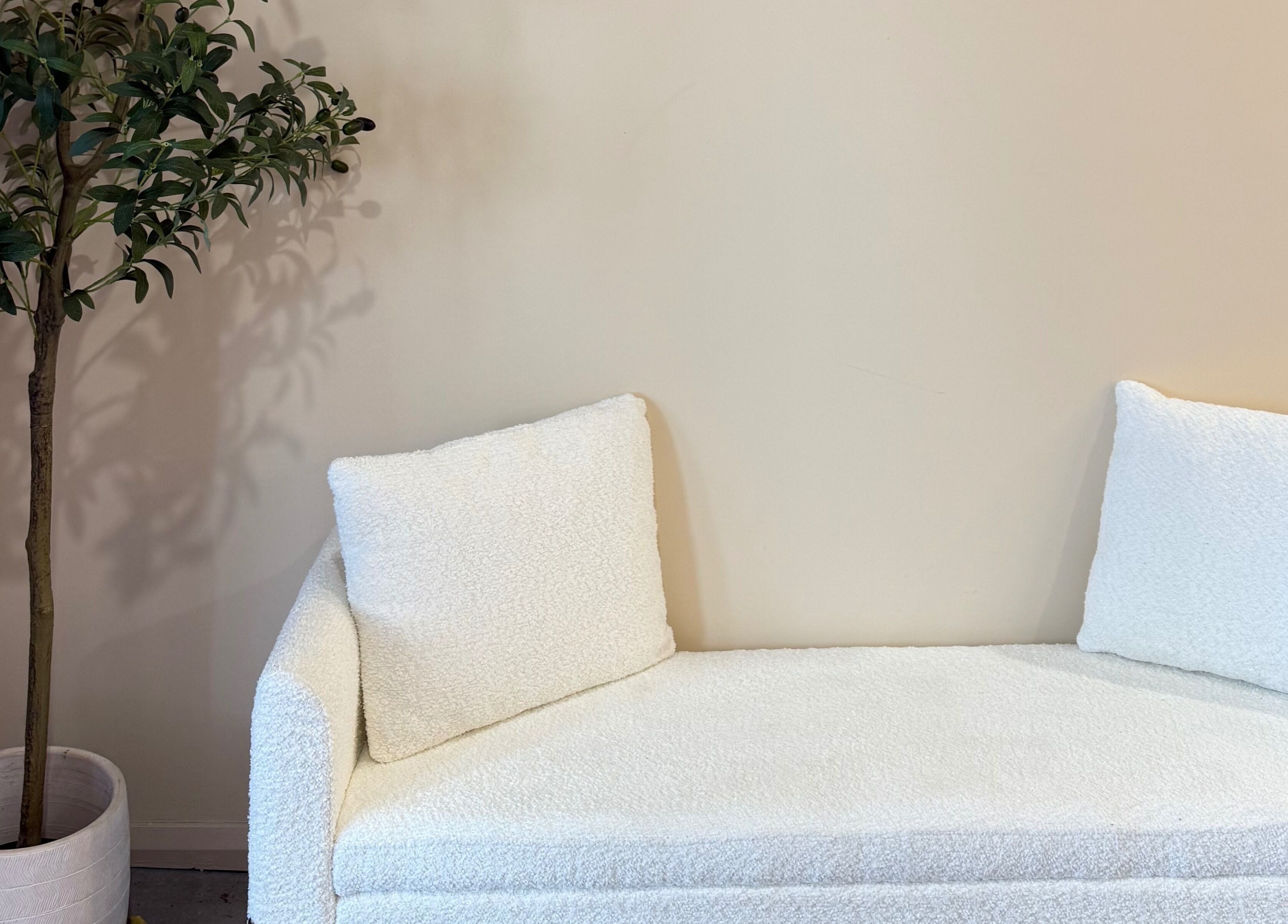 Cozy white couch beside a potted plant at Lash and Brow Avenue - Liverpool, New South Wales, AU.