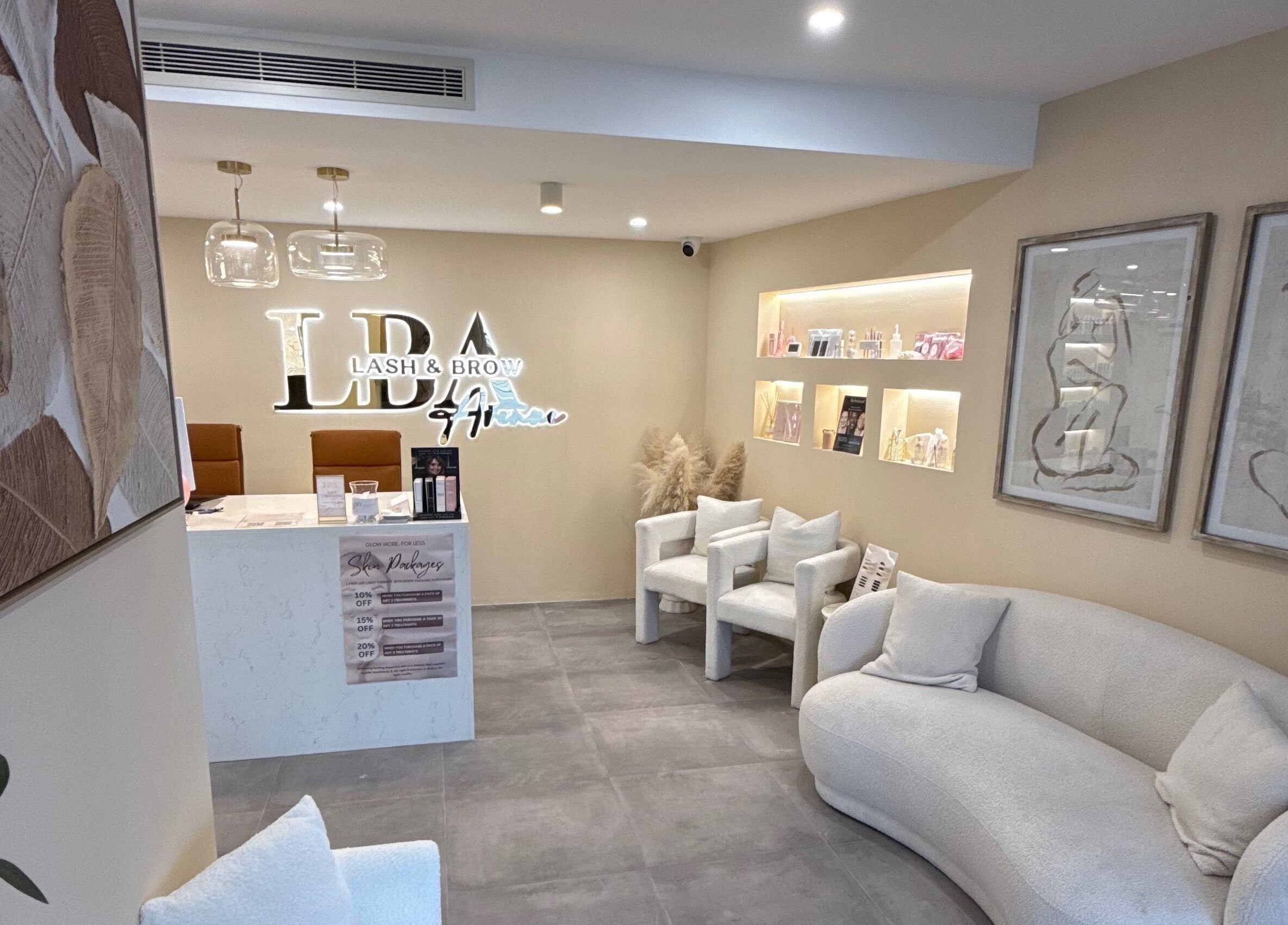 Elegant reception of Lash and Brow Avenue - Liverpool, NSW, AU with stylish decor and comfy seating.