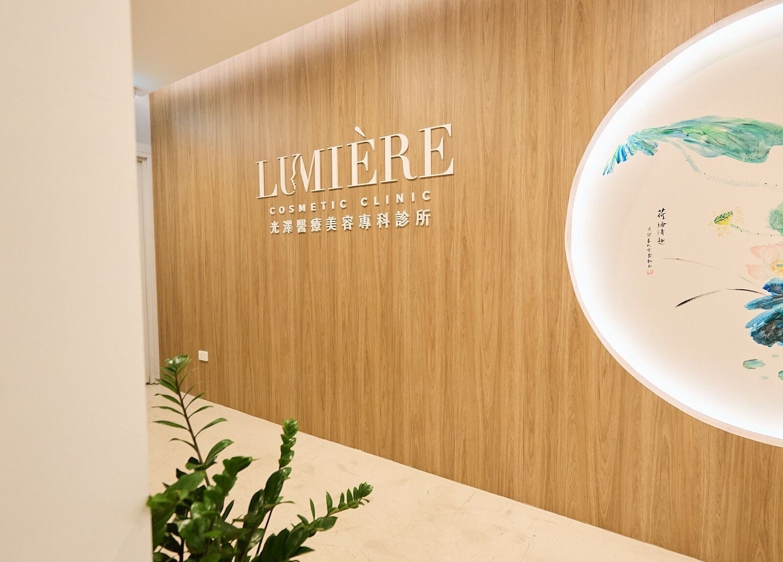 Entrance of Lumiere Spa and Wellness in Haymarket, New South Wales, AU, with elegant wall art and plant decor.