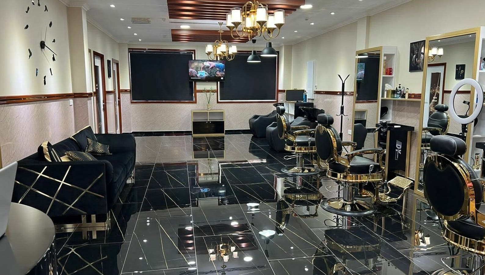 Luxurious interior of The Sharp Edge Gents Salon in Dubai, Dubai, AE with stylish chairs and decor.