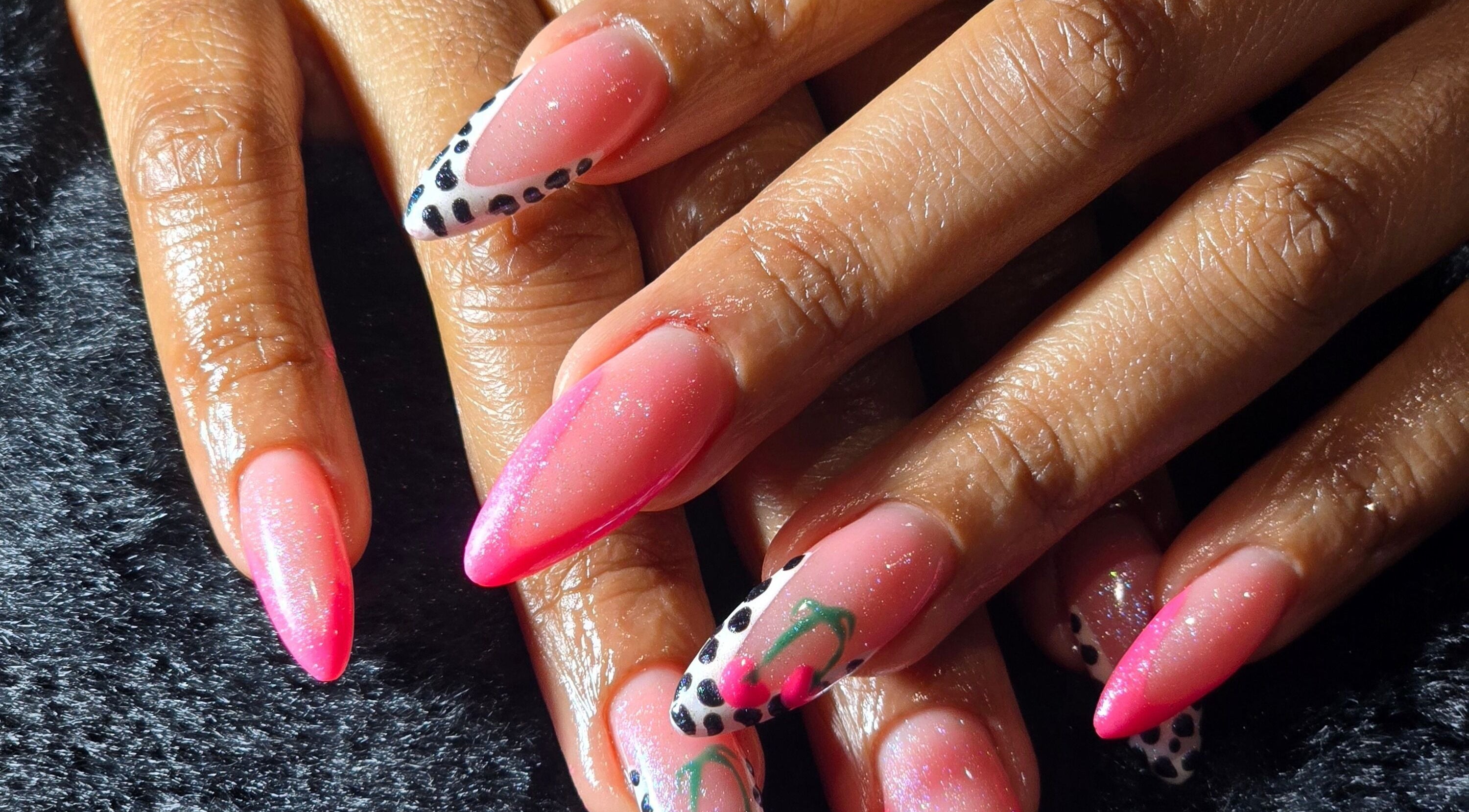 Stylish nail art at Fenn Estetika Permanent Makeup & Aesthetics, Pretoria, Gauteng, ZA. Pink nails with polka dots.