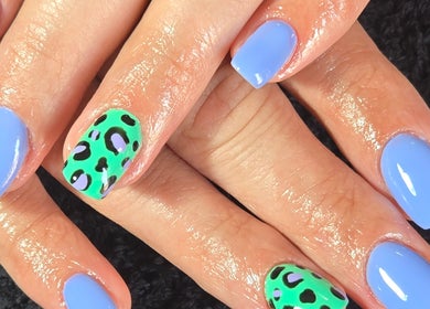 Vibrant blue and leopard print nail art at Fenn Estetika Permanent Makeup & Aesthetics, Pretoria, Gauteng, ZA.